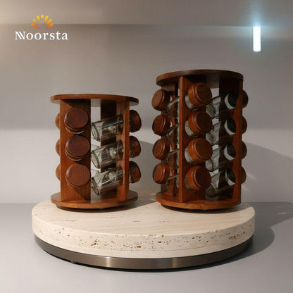 طقم توابل دوار فاخر - منظم خشبي طبيعي مع برطمانات زجاجية
