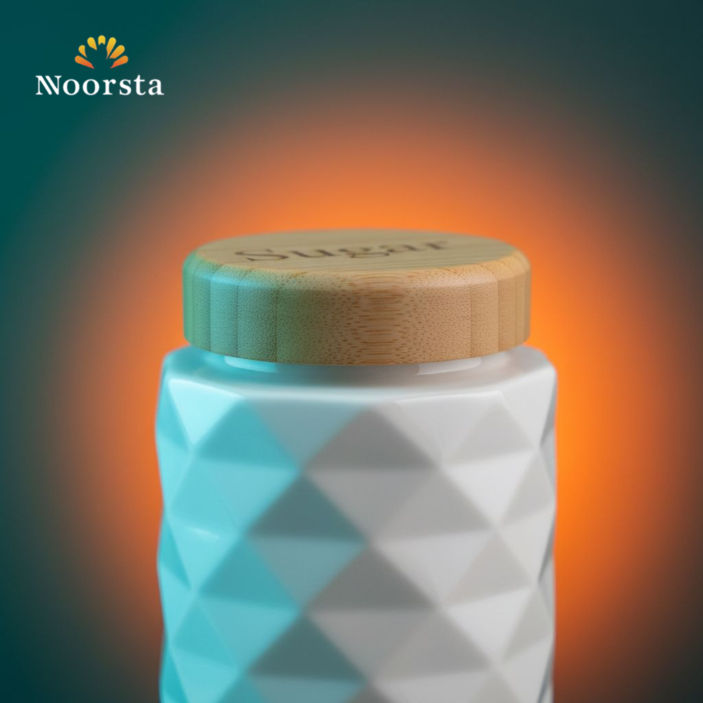 طقم توابل بورسلين شيك للمطبخ - Modern Geometric Porcelain Canister Set with Wooden Stand - Noorsta