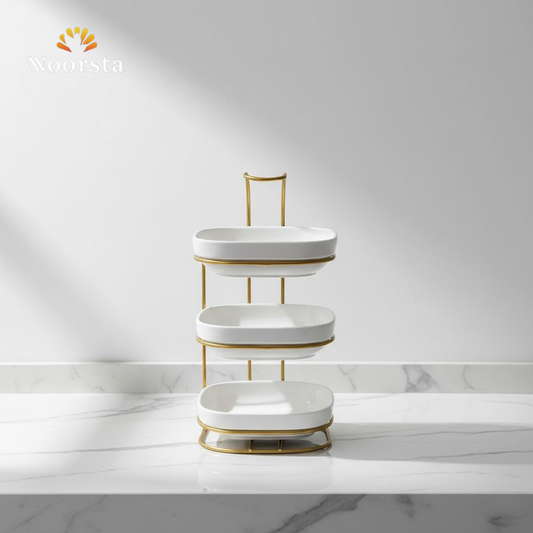 ستاند تقديم 3 أدوار سيراميك أبيض بحامل ذهبي شيك جدا - Elegant 3-Tier White Ceramic Serving Stand with Gold Frame - Noorsta