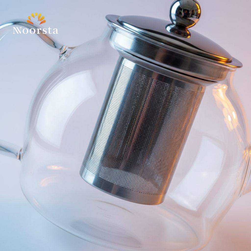 براد شاي بايركس حراري شفاف بمصفاة للأعشاب - Clear Heat-Resistant Pyrex Glass Teapot with Infuser - Noorsta