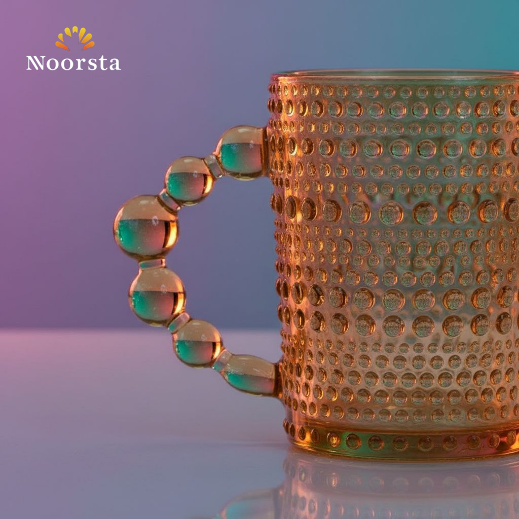 طقم مجات زجاج دهبي بأيد بابلز 6 قطع - Premium Golden Bubble-Handle Glass Mug Set - Noorsta