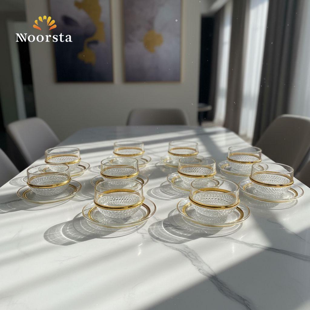طقم خشاف جهاز العروسة بحرف دهبي - Elegant 12-Piece Gold-Rimmed Dessert Set - Noorsta