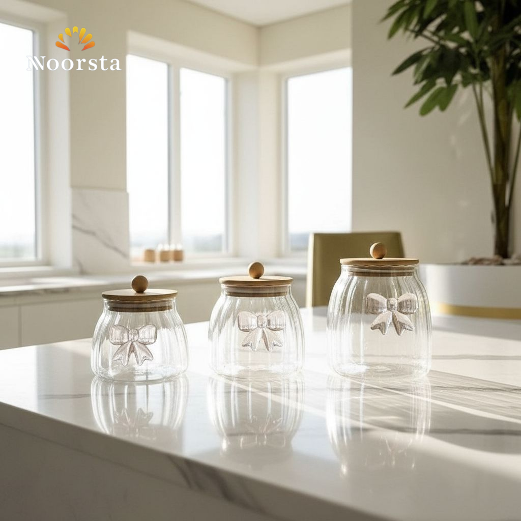 طقم بهارات فيونكة كيوت 3 مقاسات - Chic Ribbed Glass Spice Jars with Bow Detail - Noorsta