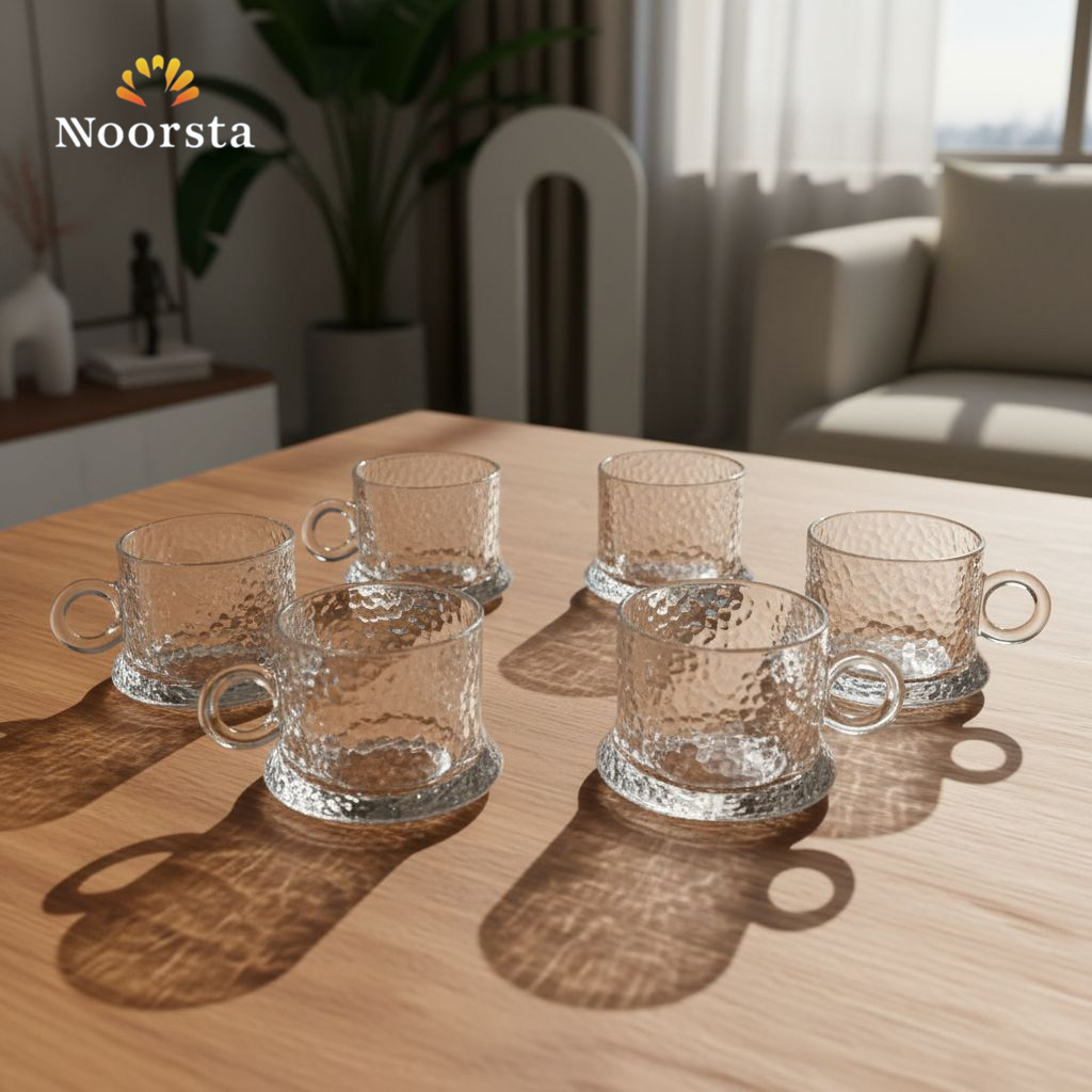 طقم استكانة قهوة زجاج 6 قطع شيك جدا - Elegant Textured Glass Coffee Cup Set - Noorsta