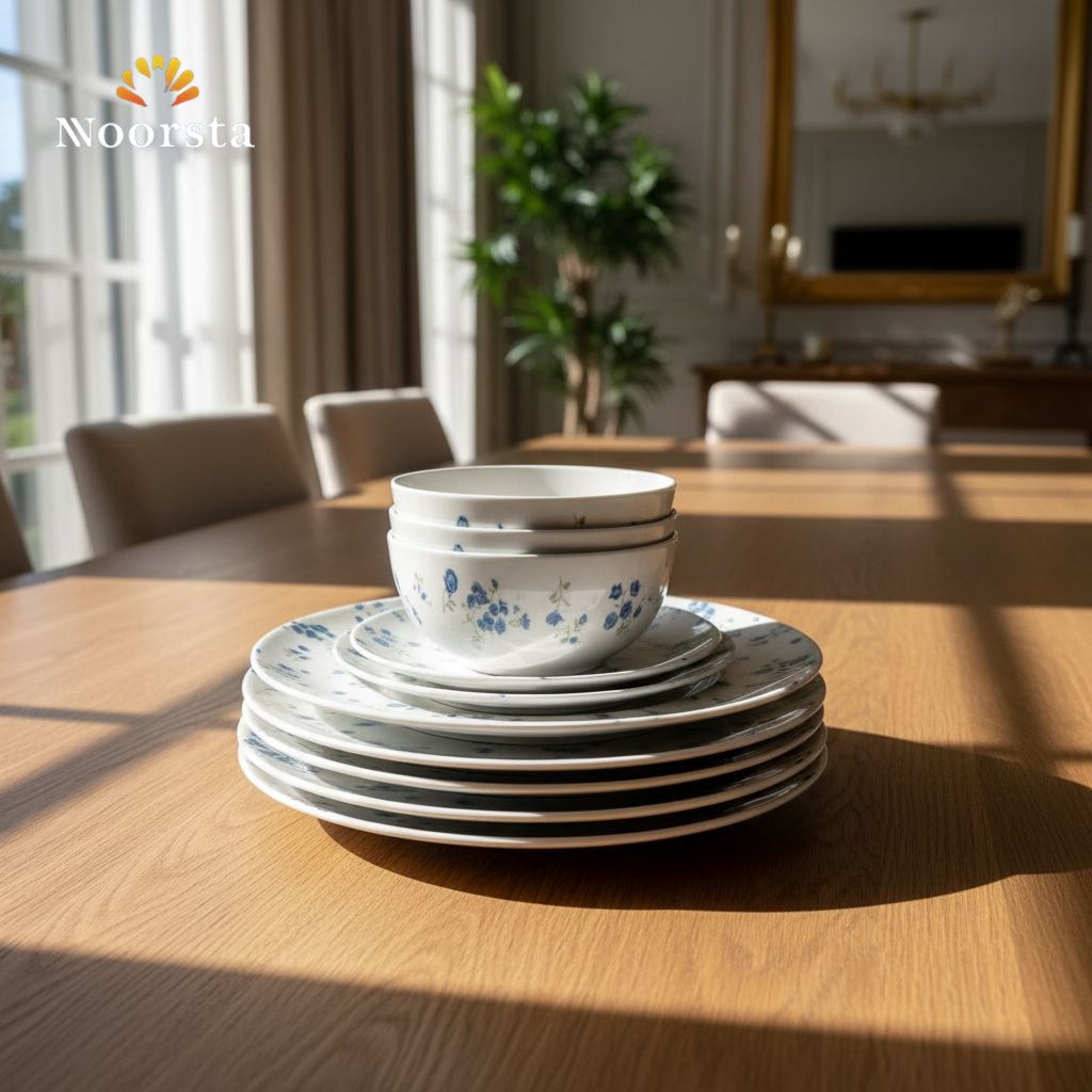 طقم عشاء بورسلين فلوري ١٨ قطعة شيك جدا - Elegant Blue Floral Porcelain Dinner Set 18 Pieces - Noorsta