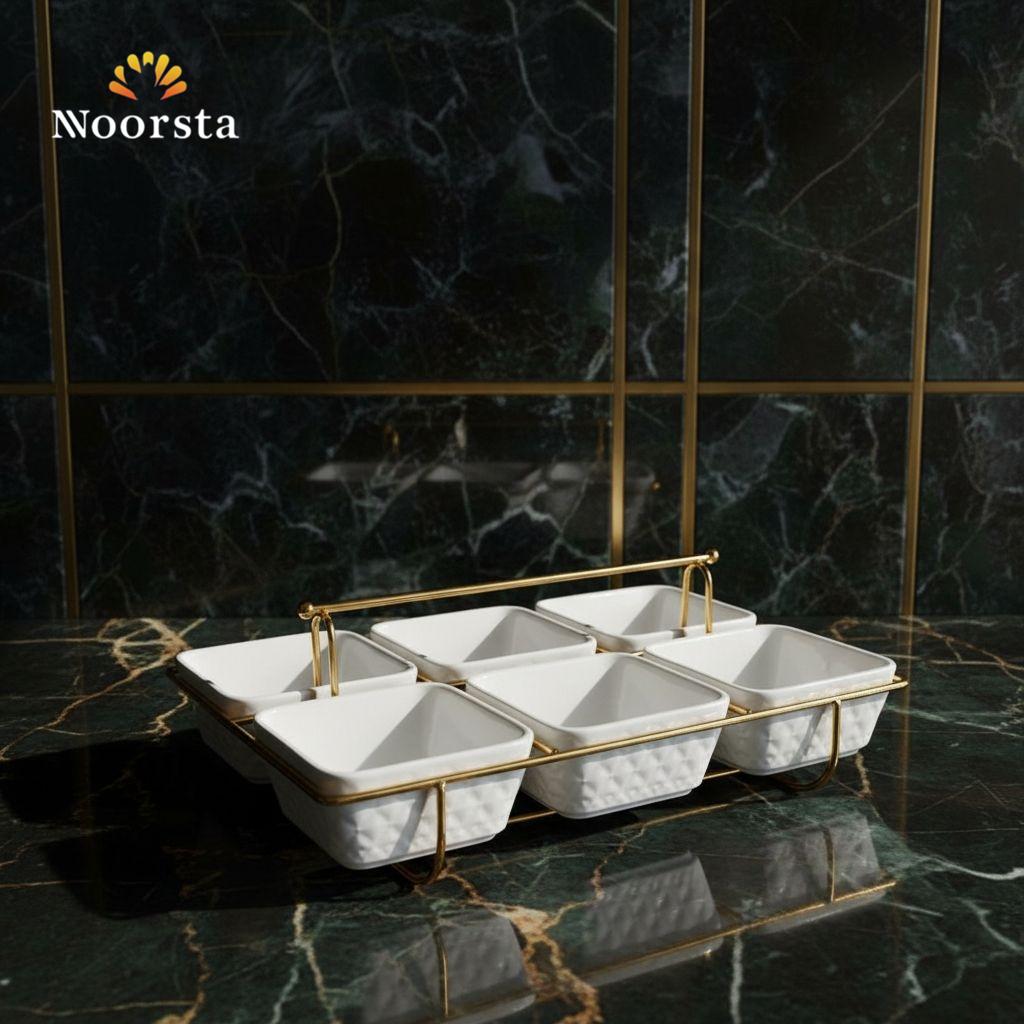 طقم تسالي بورسلين ابيض باستاند دهبي شيك جدا للضيوف - Elegant 7-Piece White Porcelain Serving Set with Gold Stand - Noorsta