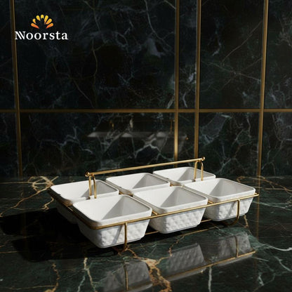 طقم تسالي بورسلين ابيض باستاند دهبي شيك جدا للضيوف - Elegant 7-Piece White Porcelain Serving Set with Gold Stand - Noorsta