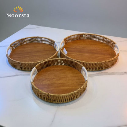 طقم صواني خشب في رتان للتقديم - Authentic Round Wooden Rattan Serving Tray Set - Noorsta