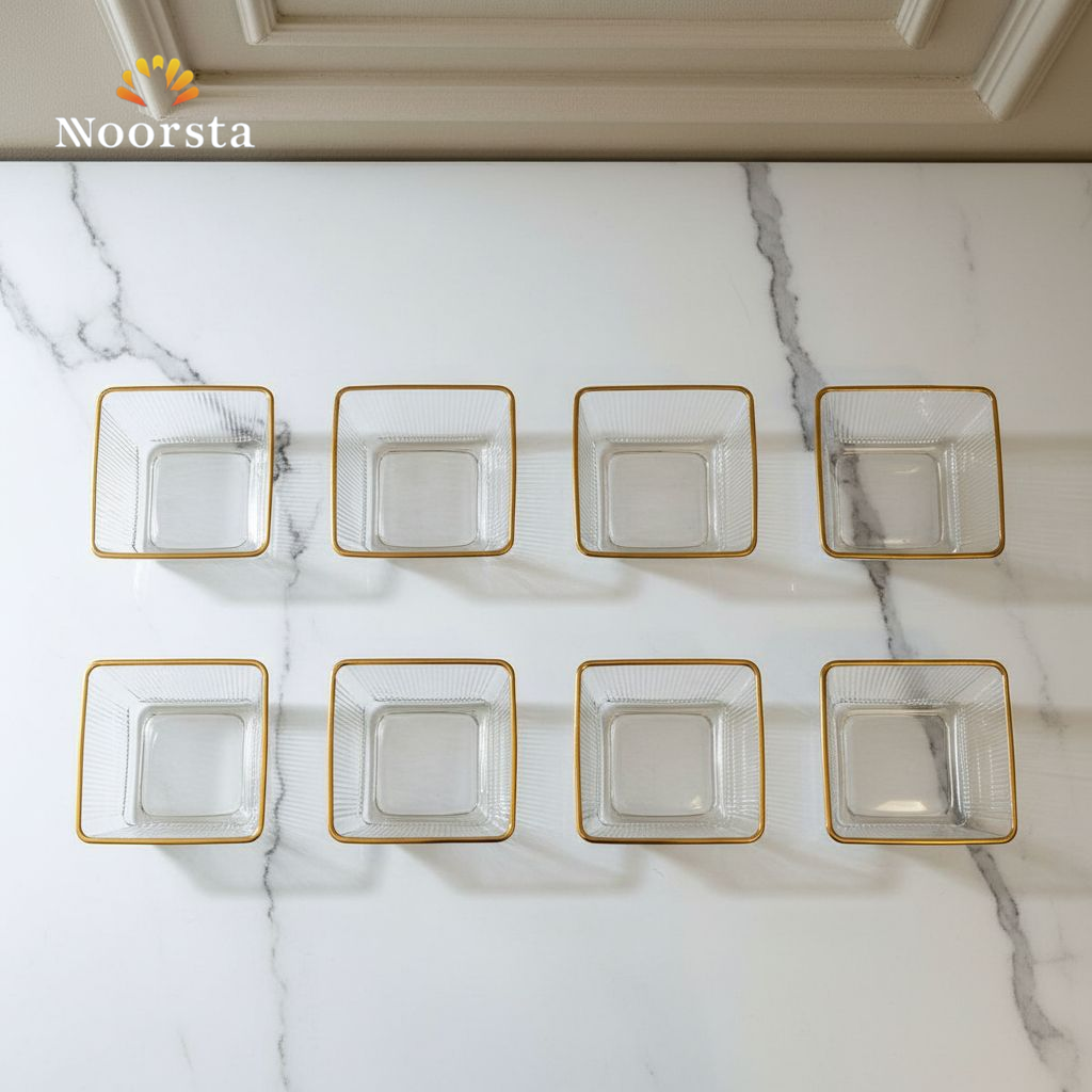 طقم بولات زجاج مضلع مربع لتقديم الشيك - Elegant 6-Piece Square Glass Bowl Set with Gold Rim - Noorsta