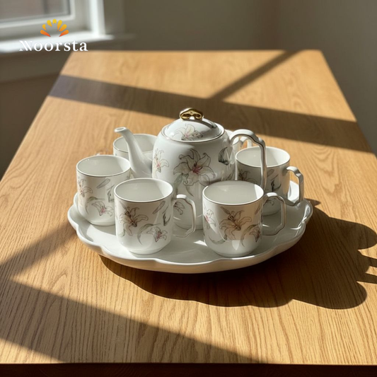 طقم شاي بورسلين 8 قطع بالصينية الدوارة - Elegant 8-Piece Floral Porcelain Tea Set - Noorsta