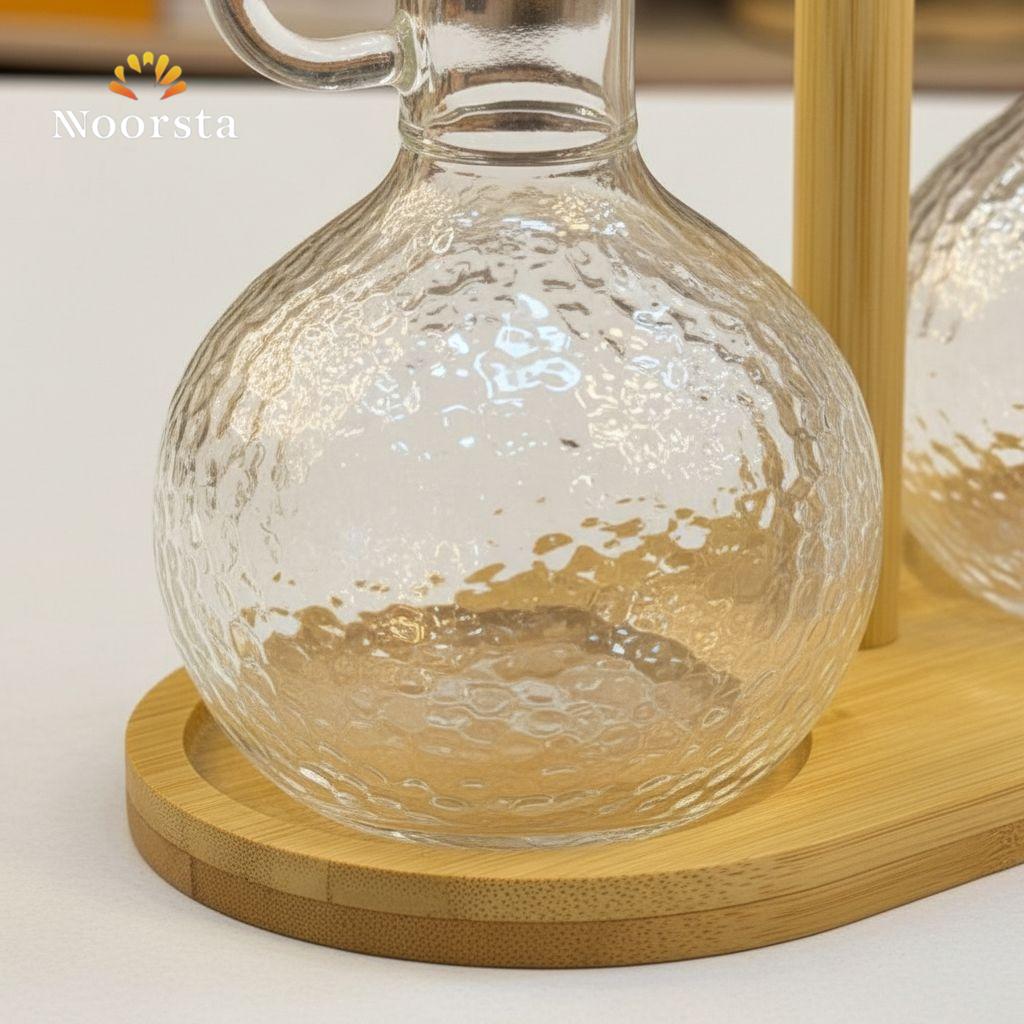 طقم زياتة زجاجي مع حامل خشب - Premium Hammered Glass Cruet Set - Noorsta