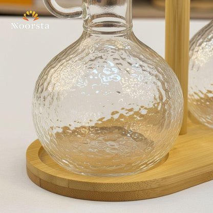 طقم زياتة زجاجي مع حامل خشب - Premium Hammered Glass Cruet Set - Noorsta