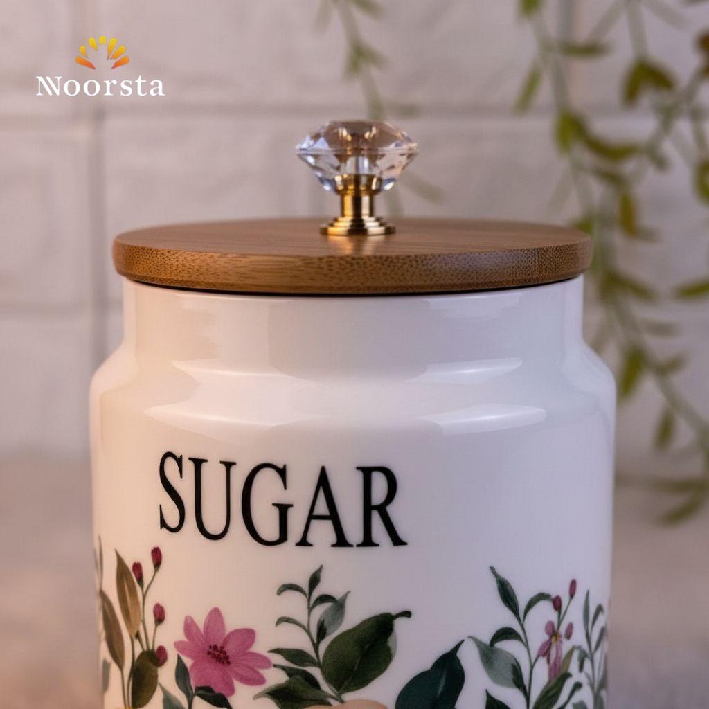 طقم علب مطبخ سيراميك شيك للقهوة والسكر - Elegant Floral Ceramic Canister Set - Noorsta