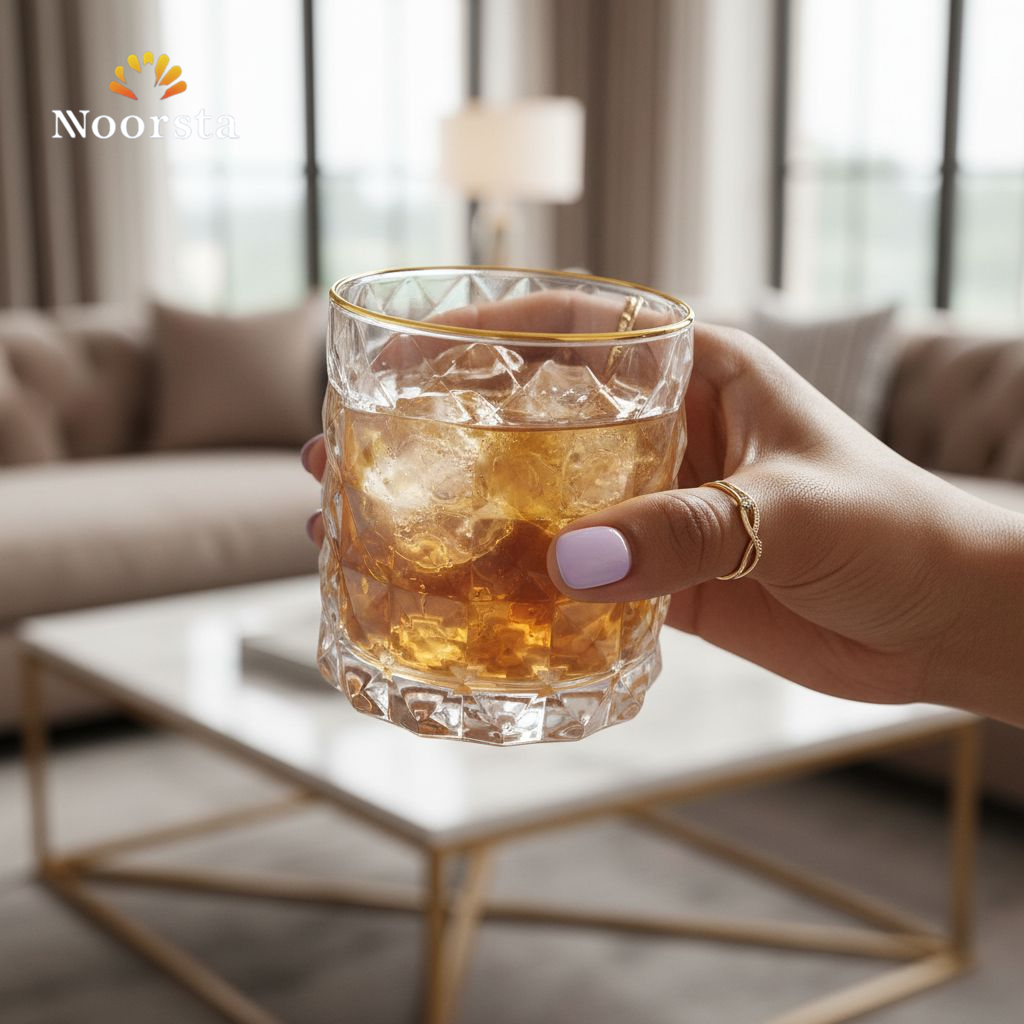 طقم كوبايات وشوبات كريستال بحافة دهبي لتقديم العصاير - Elegant crystal-textured glass set with gold rim for cold beverages - Noorsta