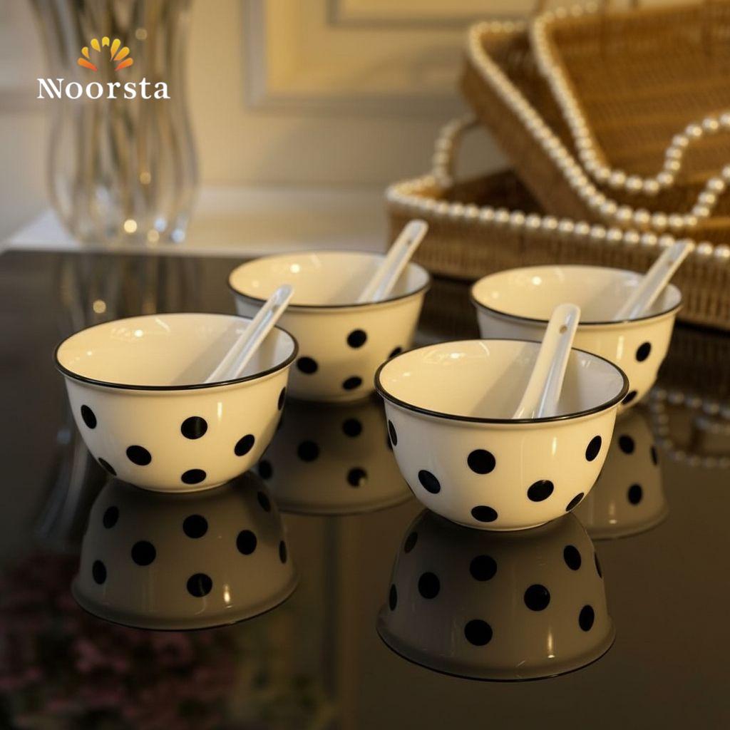 Noir & Blanc Polka Dot Ceramic Dessert Set with Spoons
