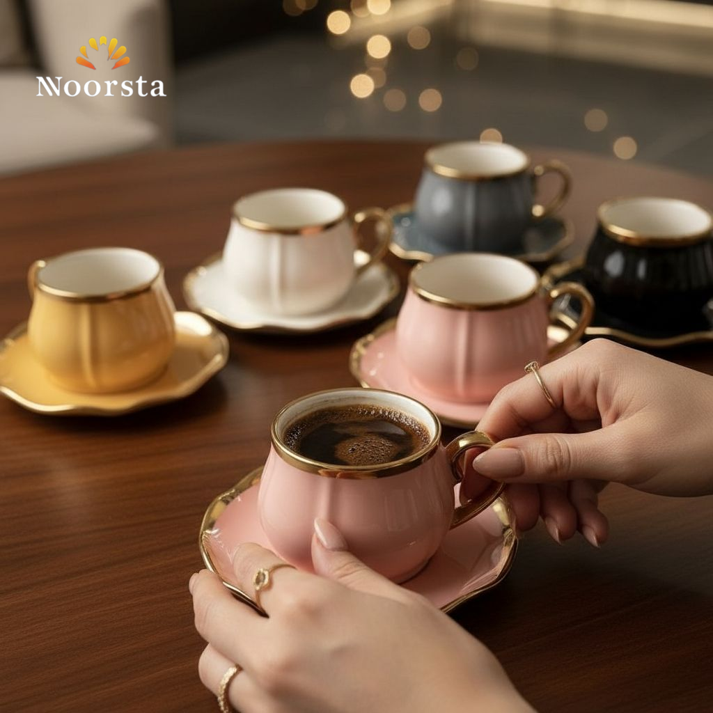 طقم فناجين قهوة بورسلين شيك للتقديمات - Elegant multi-color ribbed porcelain coffee cup set with gold trim - Noorsta