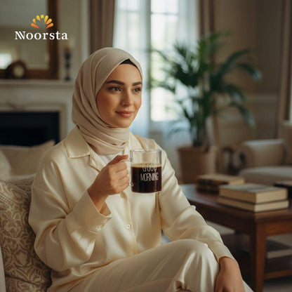 مج بايركس شفاف بكلمة Good Morning سعة 400 ملي - Modern Clear Pyrex Glass Mug with Good Morning Print - Noorsta