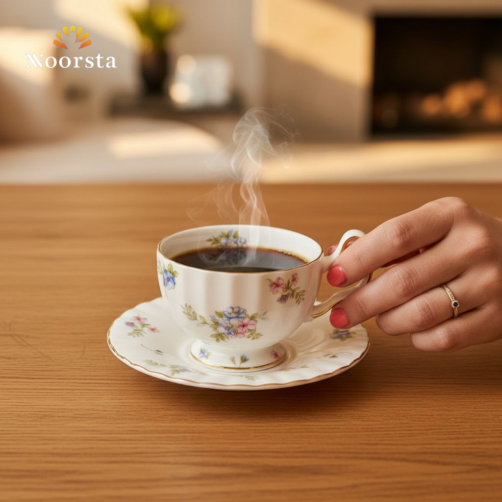 طقم فناجين شاي وقهوة بنقشة ورد رقيقة - Classic Floral Porcelain Tea Set with Gold Rim - Noorsta
