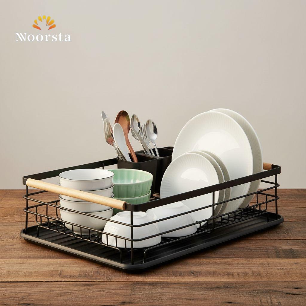 Nordic Noir: Matte Black & Wood Dish Drying Rack