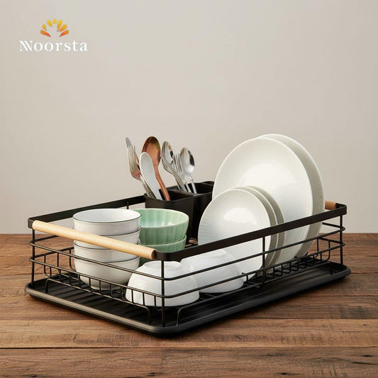 Nordic Noir: Matte Black & Wood Dish Drying Rack