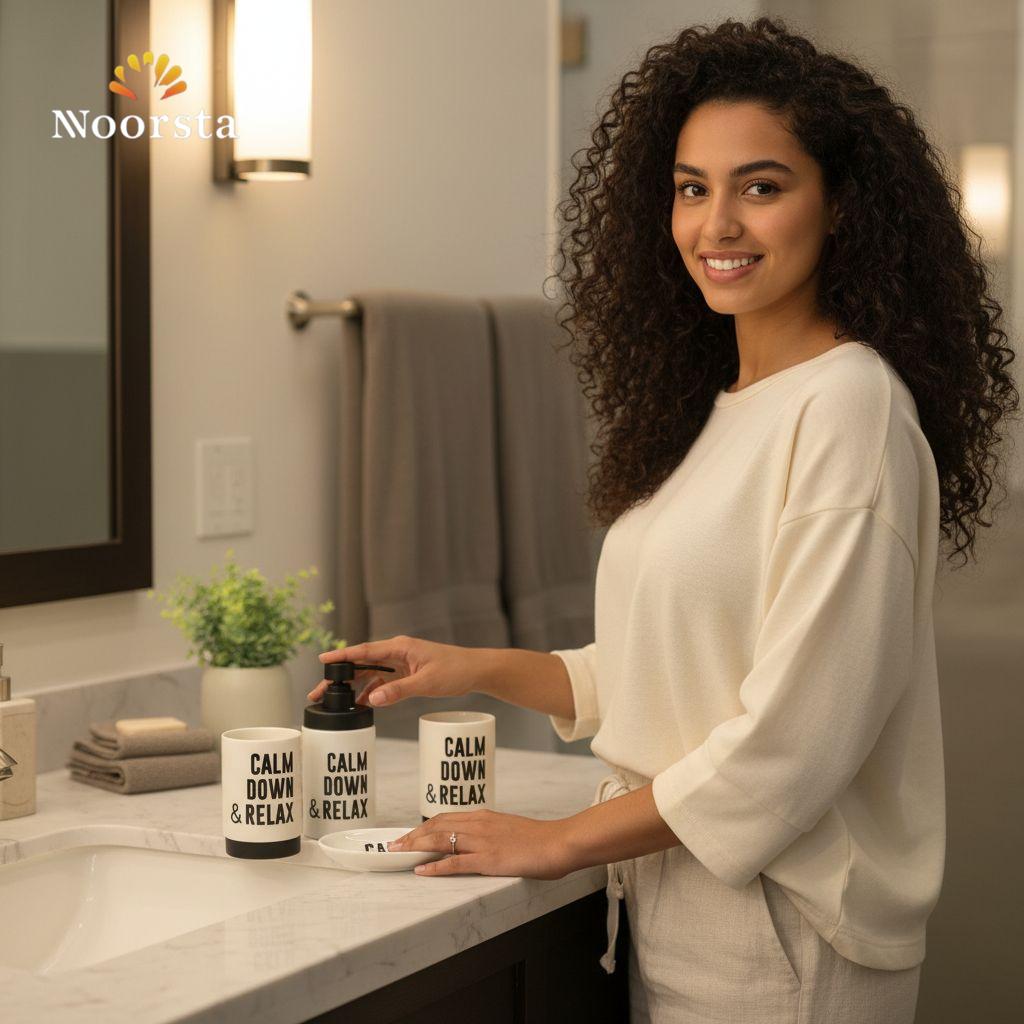 طقم حمام بورسلين 4 قطع شيك جدا لجهاز العروسة - Modern Porcelain Bathroom Accessories Set 4 Pieces - Noorsta
