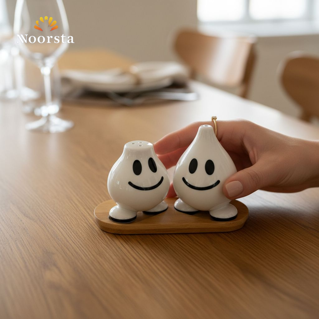 طقم ملاحة بورسلين بيور شكل مبتسم ترندي للسفرة - Playful Smiling Pure Porcelain Salt & Pepper Shaker Set - Noorsta