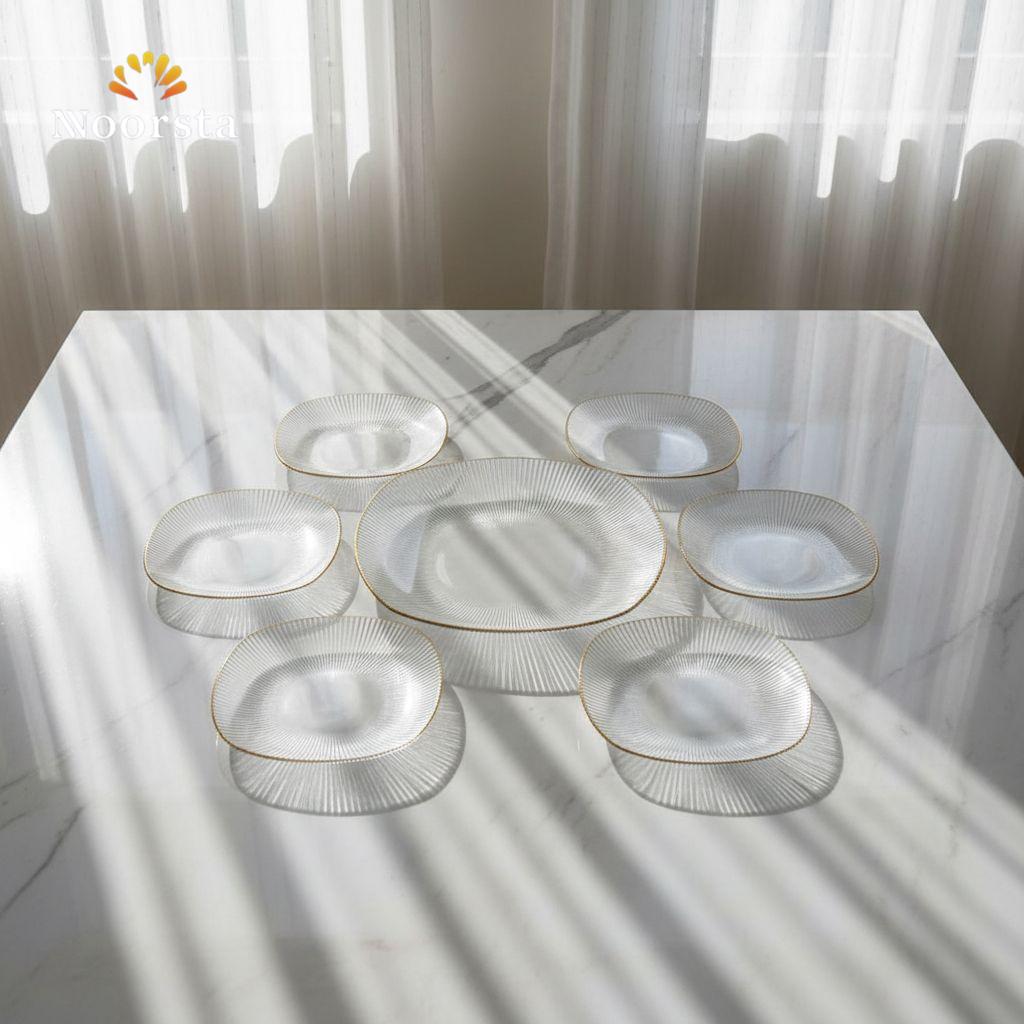 طقم جاتوه زجاج بيركس مضلع بحواف ذهبية 7 قطع - Elegant 7-Piece Ribbed Pyrex Glass Dessert Set with Gold Rim - Noorsta