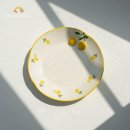 طبق بورسلين شيك بتصميم ليمون بارز لتقديمات الضيوف - Vibrant Lemon Embossed Porcelain Plate for Elegant Hosting - Noorsta