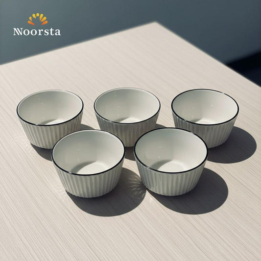 طقم بولات حلويات بورسلين شيك لتقديم الرز بلبن وأم علي - Elegant 6-Piece White Ribbed Porcelain Dessert Bowl Set - Noorsta