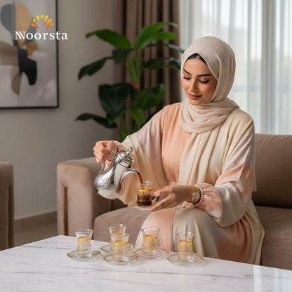 طقم فناجين قهوة استكانة 12 قطعة شيك للضيوف - Authentic Gold-Patterned Glass Estikana Coffee Set 12 Pieces - Noorsta
