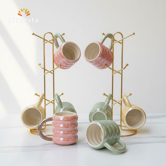طقم مجات بورسلين لاستر مضلع مع استاند معدن - Modern Luster Porcelain Mug Set with Stand - Noorsta