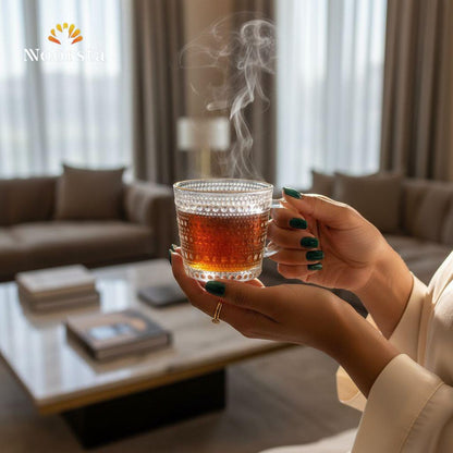مج زجاج شفاف بنقشة بارزة وحرف دهبي لركن القهوة - Elegant Clear Glass Hobnail Mug with Gold Rim - Noorsta