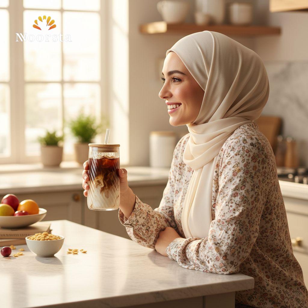 كوب نورستا الزجاجي المموج الفاخر مع غطاء بامبو وشفاطة