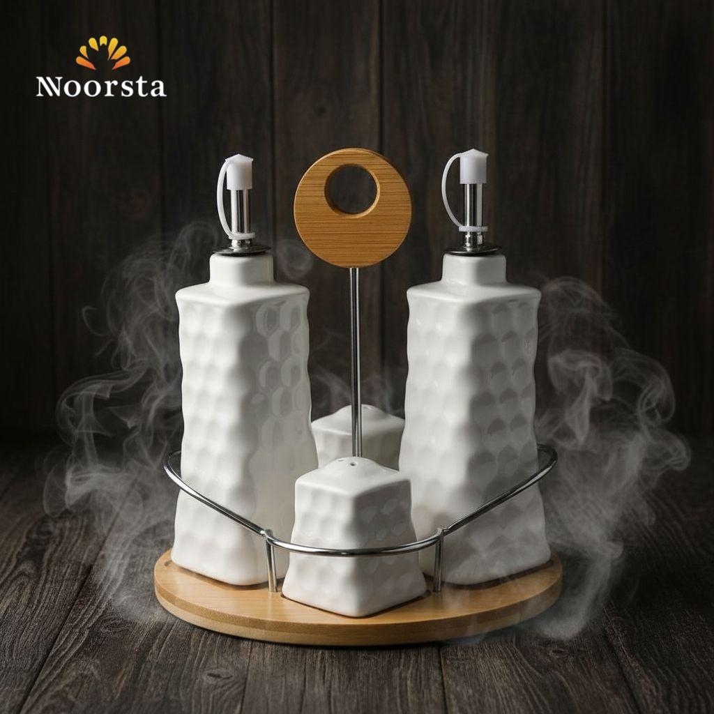 Harmony Honeycomb White Ceramic & Bamboo Condiment Set (5-Piece)