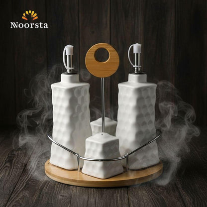 Harmony Honeycomb White Ceramic & Bamboo Condiment Set (5-Piece)