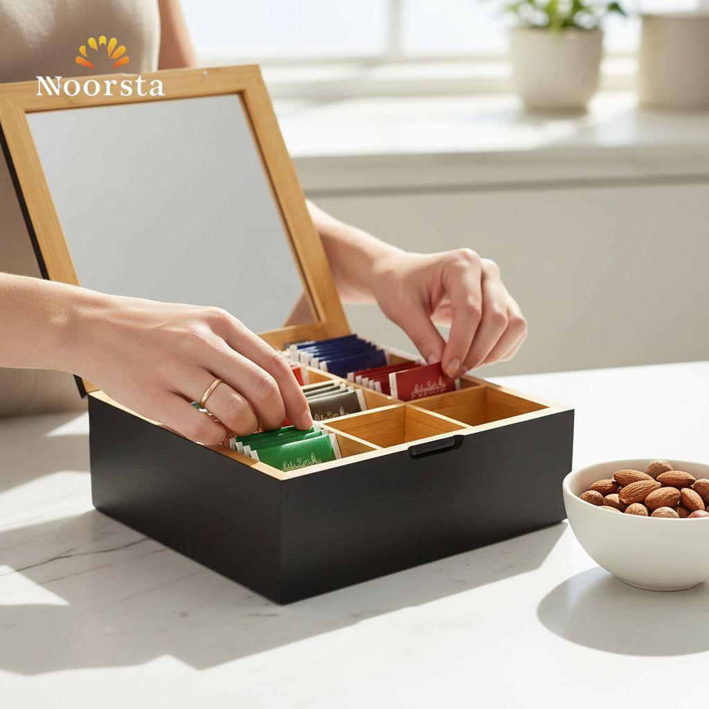 Noorsta Heritage 9-Slot Wooden Tea Organizer Box with Glass Display