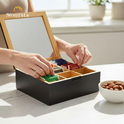 Noorsta Heritage 9-Slot Wooden Tea Organizer Box with Glass Display