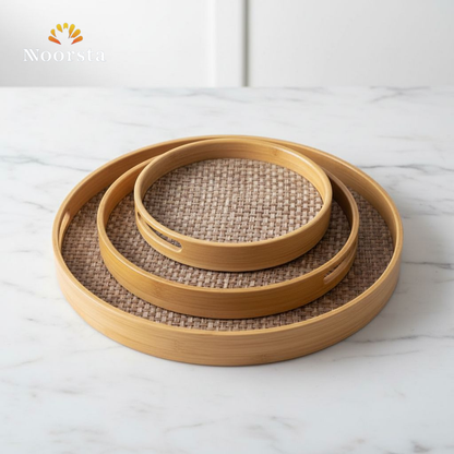 طقم صواني تقديم خشب بامبو 3 قطع مقاسات كبيرة - Premium 3-Piece Bamboo Woven Serving Tray Set - Noorsta