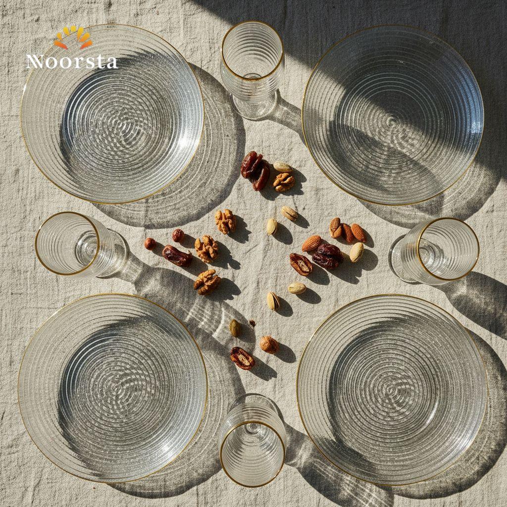 طقم عشاء زجاجي فاخر بتصميم مموج وحافة ذهبية