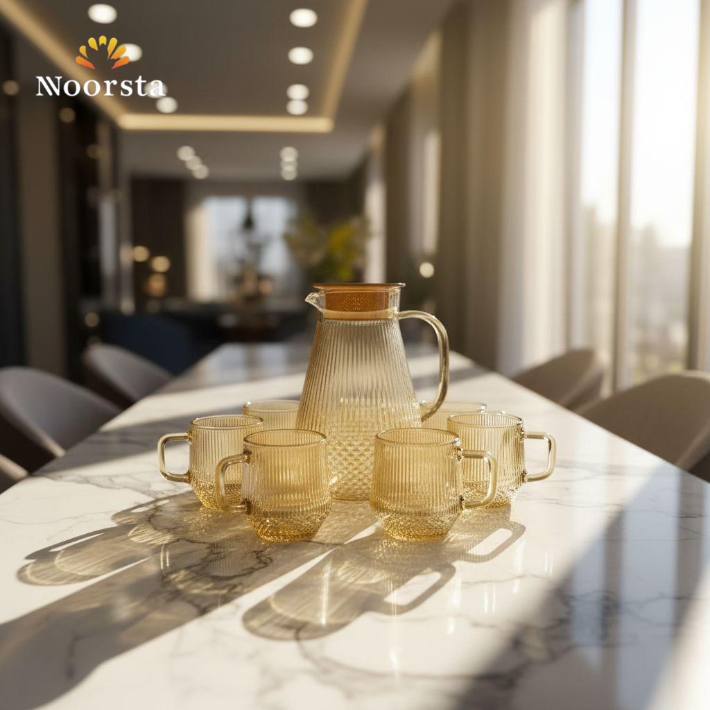 طقم شربات عسلي 7 قطع دورق وكوبايات - Elegant Amber Ribbed Glass Pitcher Set - Noorsta