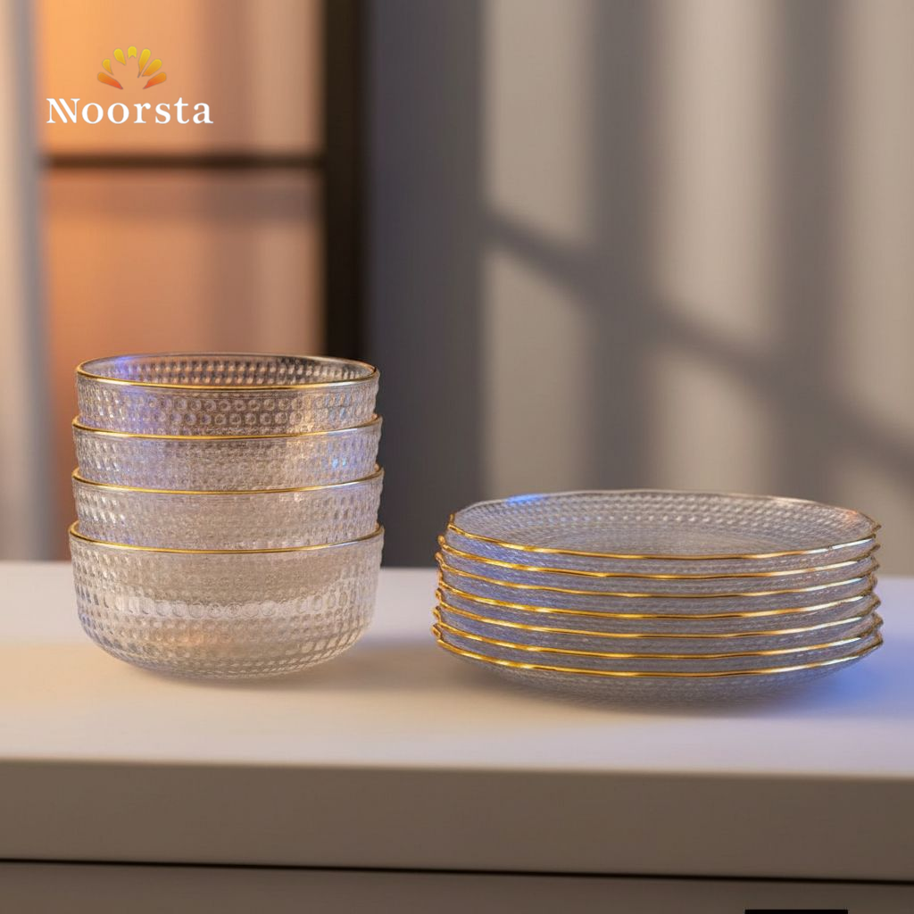 طقم مكسرات زجاج بحواف دهبية - Elegant 12-Piece Glass Snack Set - Noorsta