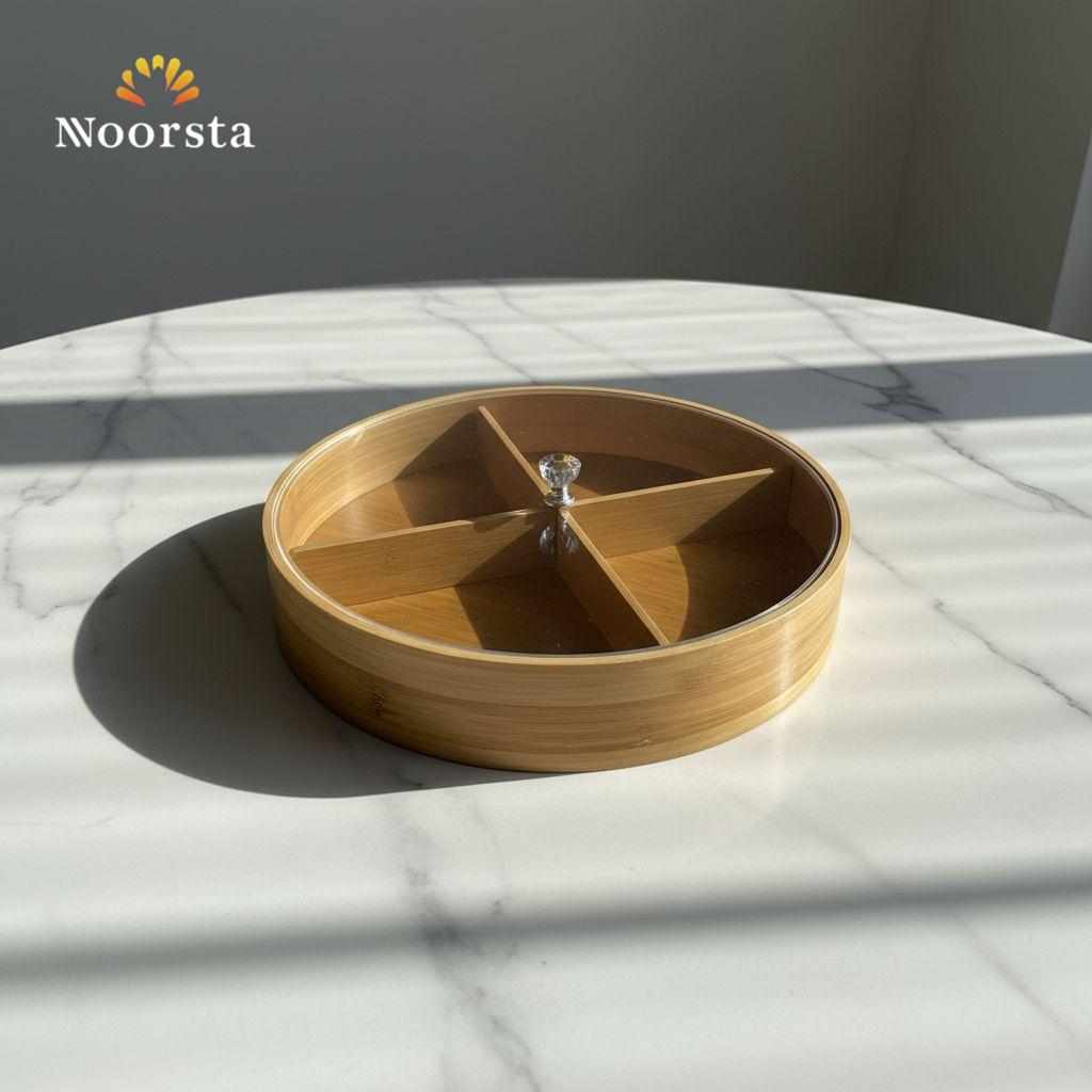 بوكس تسالي خشب بامبو 4 خانات بغطاء إكليريك شيك جدا - Premium Bamboo 4-Compartment Snack Box with Acrylic Lid - Noorsta