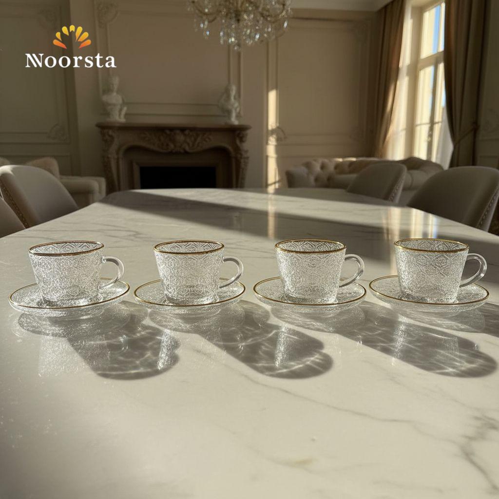طقم فناجين شاي زجاج كريستال بإطار ذهبي - Elegant Crystal Glass Tea Cup and Saucer Set with Gold Rim - Noorsta
