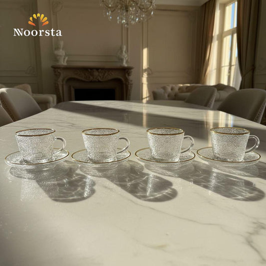 طقم فناجين شاي زجاج كريستال بإطار ذهبي - Elegant Crystal Glass Tea Cup and Saucer Set with Gold Rim - Noorsta
