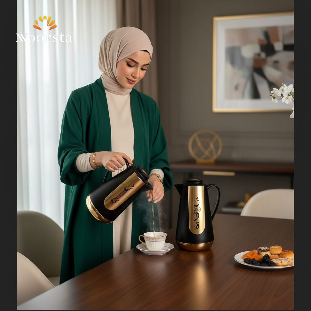 طقم ترمس شاي وقهوة قطعتين بلمسات دهبي - Premium 2-Piece Arabic Calligraphy Thermal Carafe Set - Noorsta