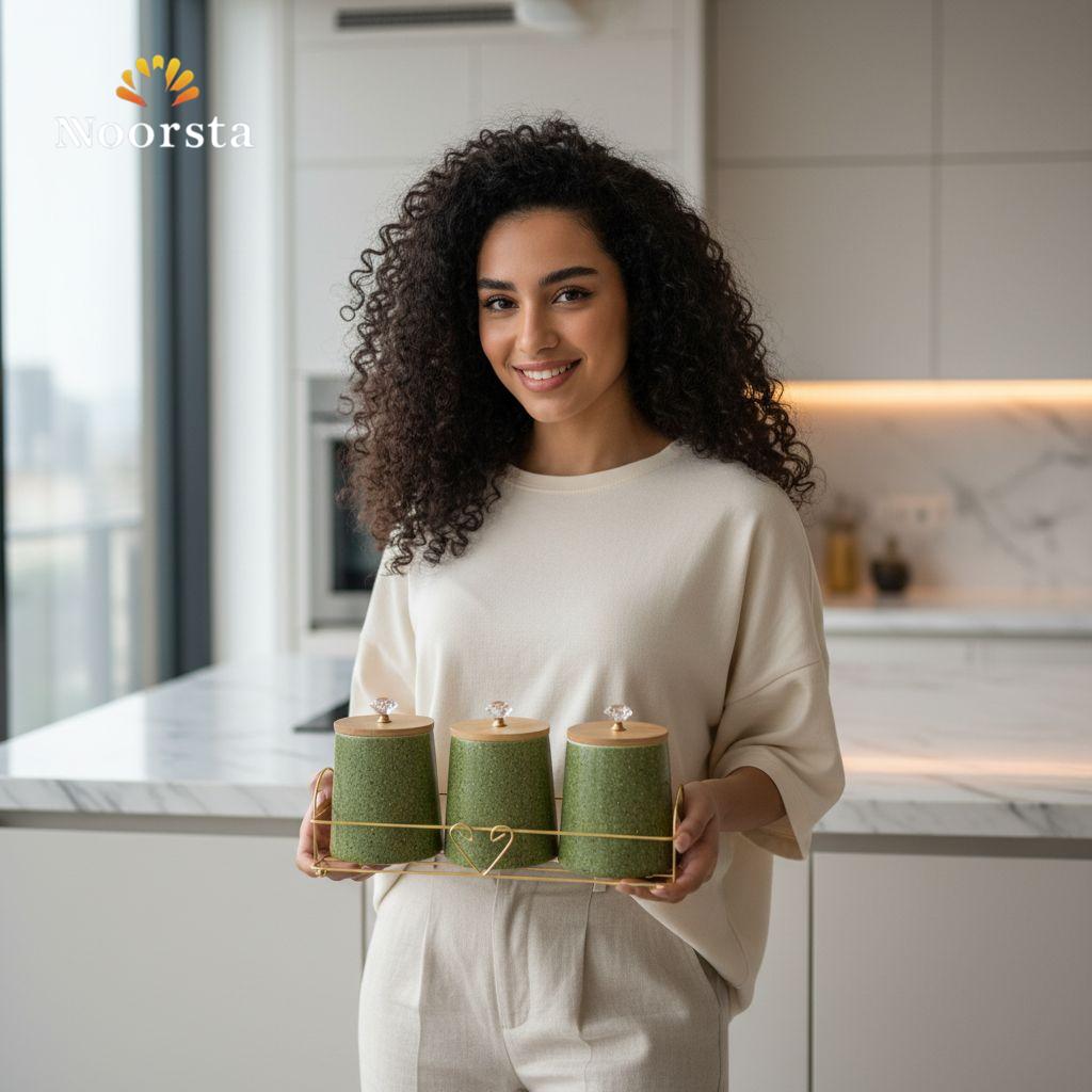 طقم توابل بورسلين أخضر غامق بنقشة سبلاش مع ستاند دهبي - Elegant Green Splash Porcelain Spice Jar Set with Bamboo Lids - Noorsta