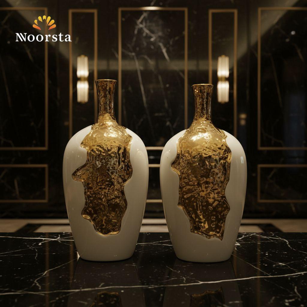 فازة ورد بورسلين ابيض في دهبي شيك جدا - Modern Porcelain and Gold Melted-Effect Vase Set - Noorsta