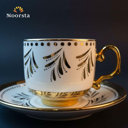 فنجان شاي بورسلين مدهب شيك جدا لجهاز العروسة - Royal Gold Fan Motif Porcelain Teacup and Saucer - Noorsta