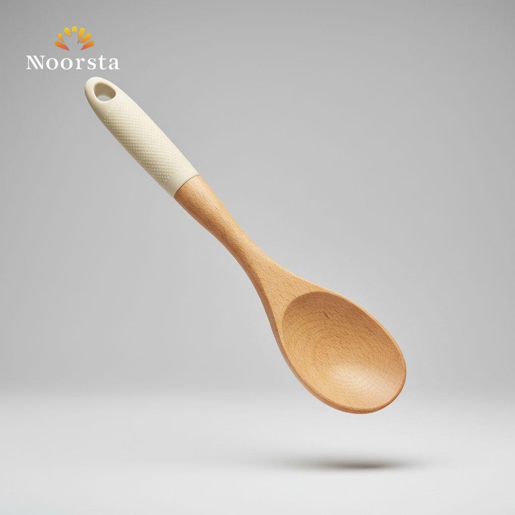 Nordic Artisan Beechwood Serving Spoon with Textured Cream Grip