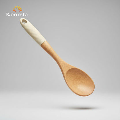 Nordic Artisan Beechwood Serving Spoon with Textured Cream Grip